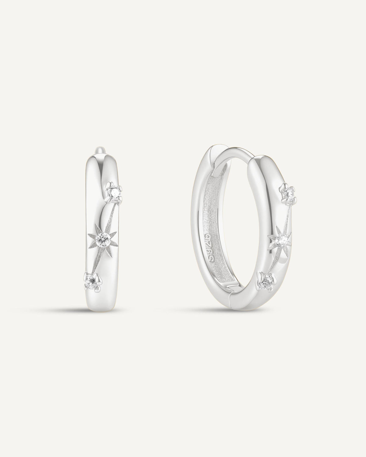 Engraved Star Crystal Huggie Hoops In Silver