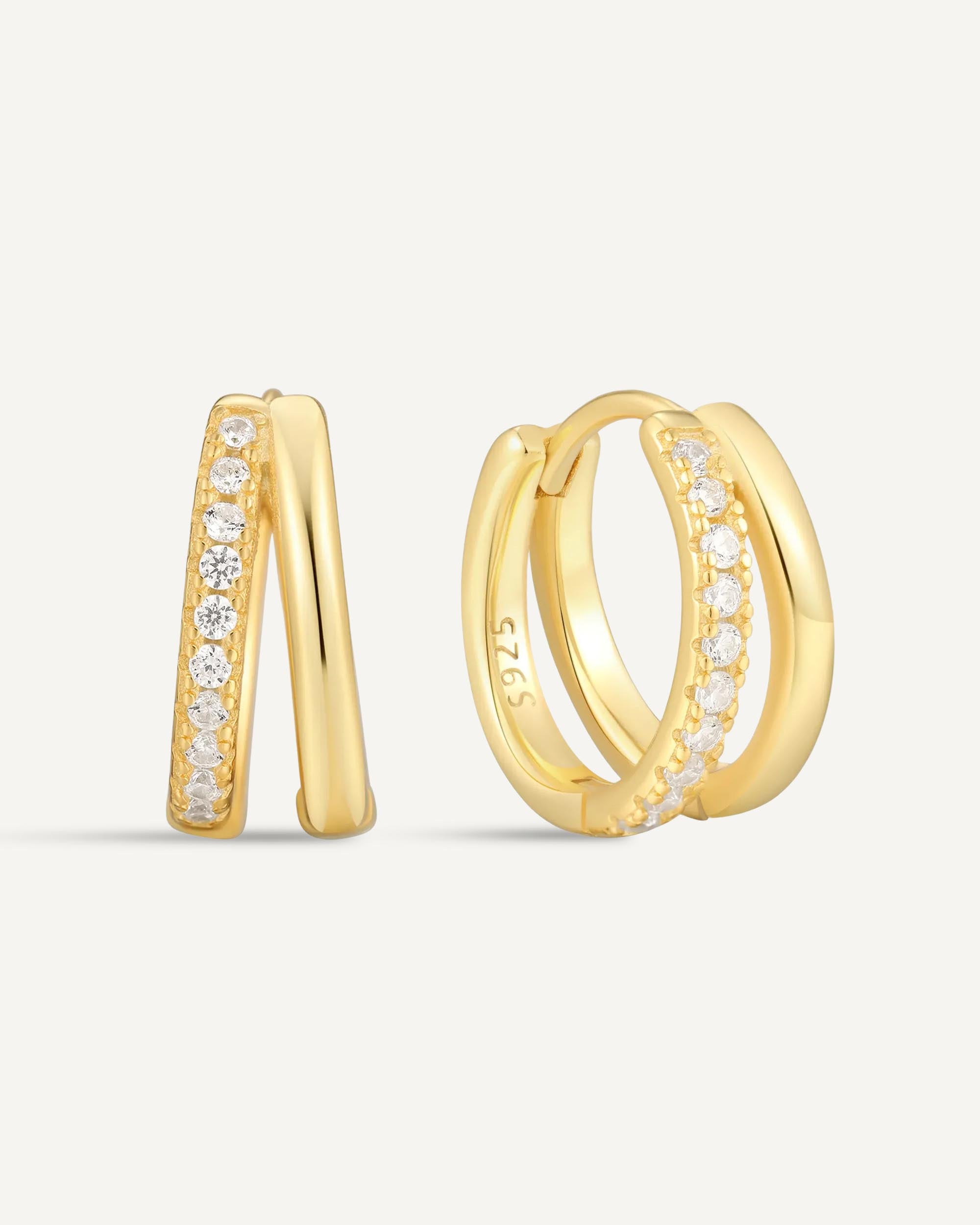 Crystal Double Hoop Huggies In Gold