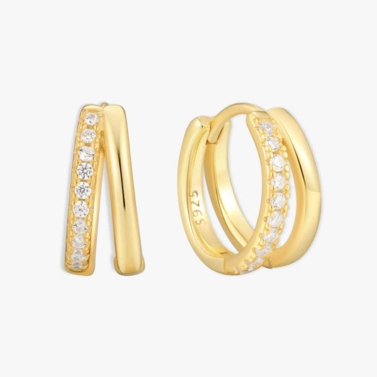Crystal Double Hoop Huggies In Gold