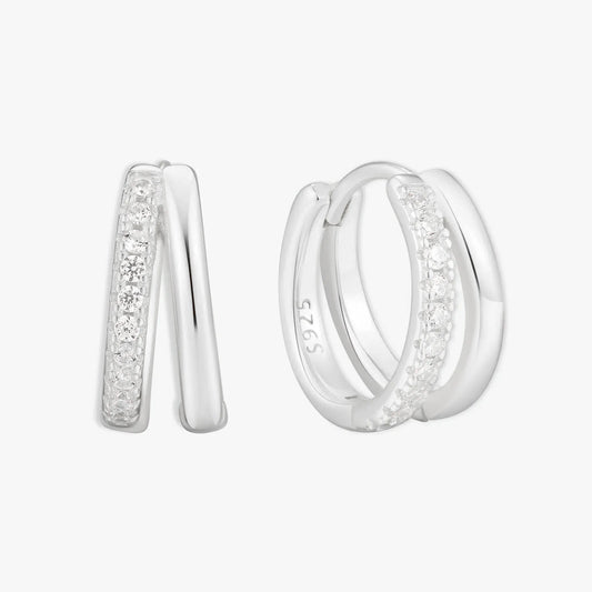Crystal Double Hoop Huggies In Silver