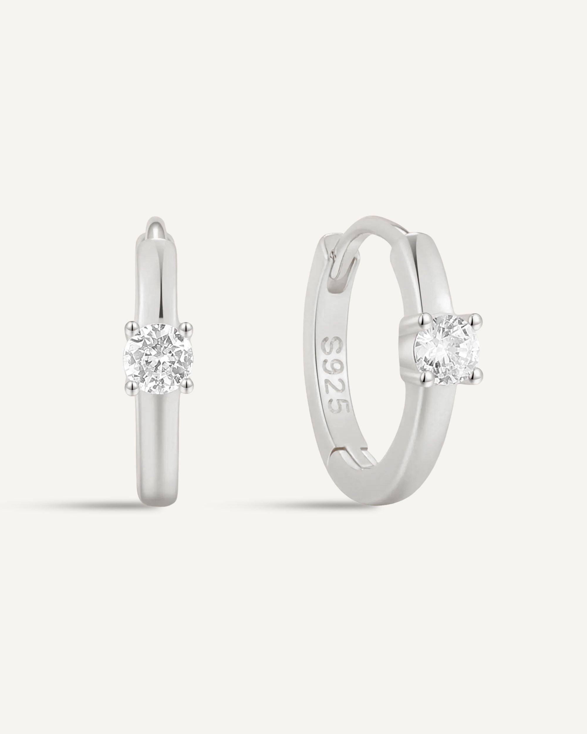 Solitaire Crystal Huggie Hoops In Silver