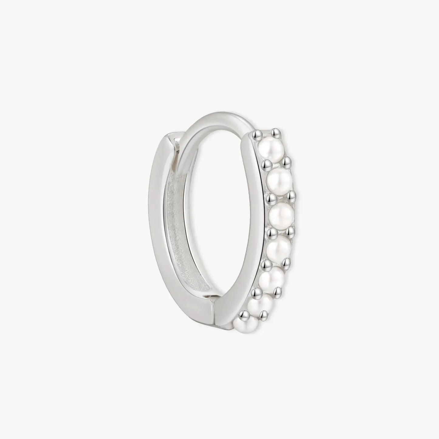 Beaded Pearl Huggie Hoops in Silver