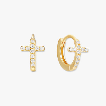 Crystal Paved Cross Huggie Hoops In Gold
