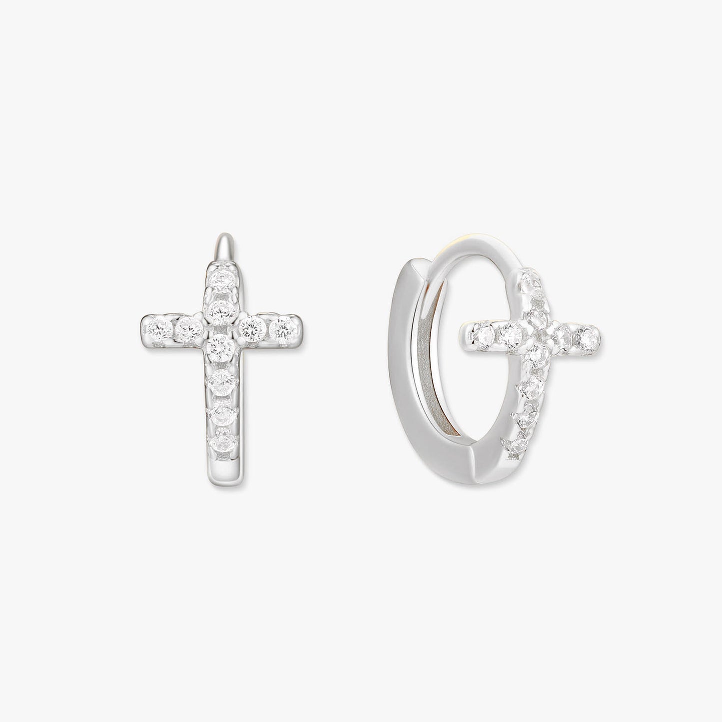 Crystal Paved Cross Huggie Hoops In Silver