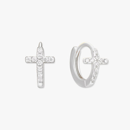 Crystal Paved Cross Huggie Hoops In Silver