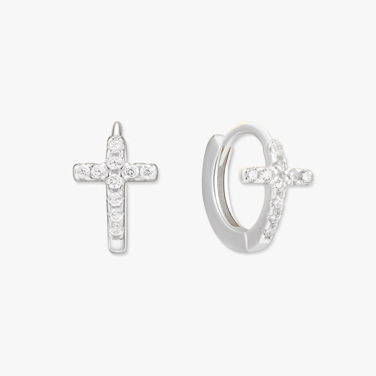 Crystal Paved Cross Huggie Hoops In Silver