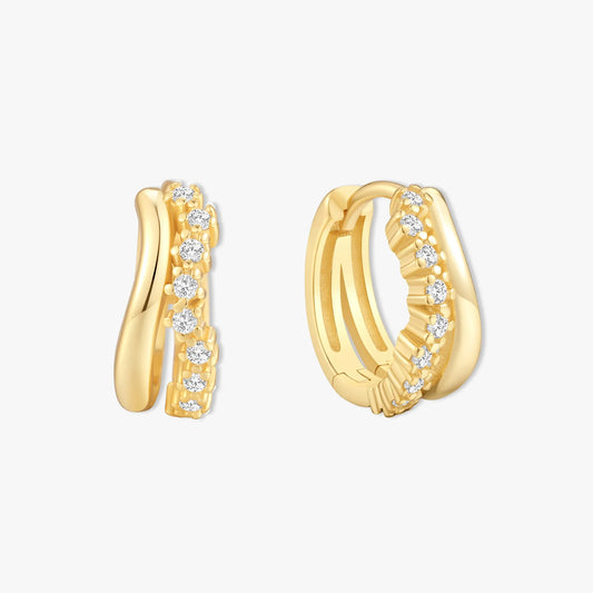 Crystal Wavy Double Hoop Huggies In Gold