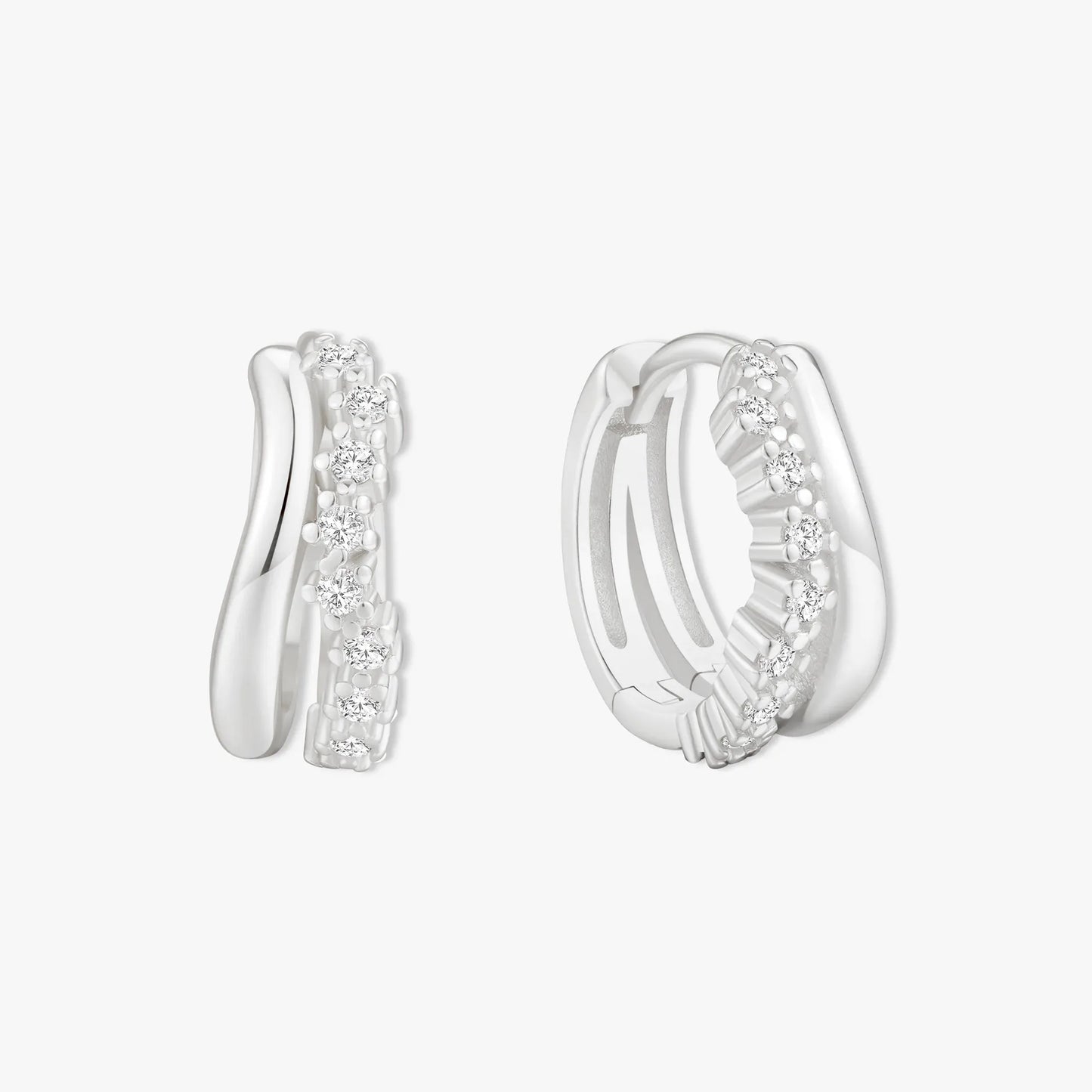 Crystal Wavy Double Hoop Huggies In Silver