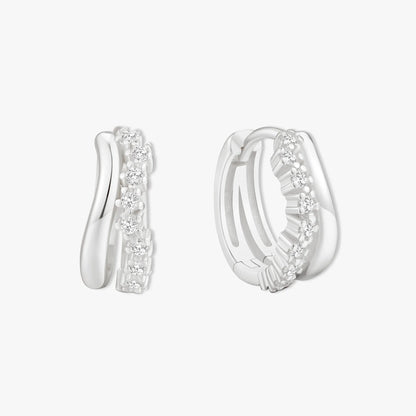 Crystal Wavy Double Hoop Huggies In Silver