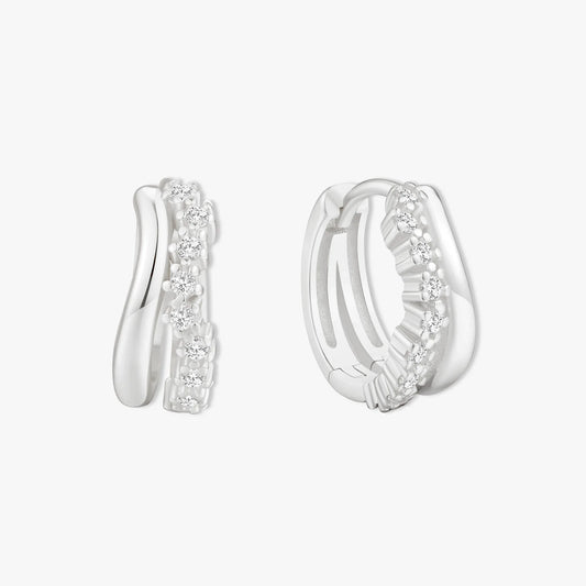 Crystal Wavy Double Hoop Huggies In Silver