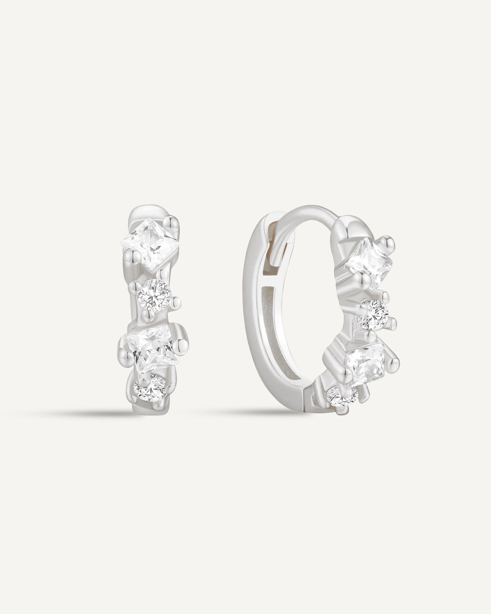 Irregular Crystal Huggie Hoops in Silver