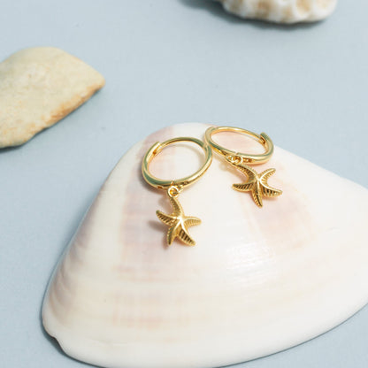 Starfish Dangle Hoop Earrings in Gold