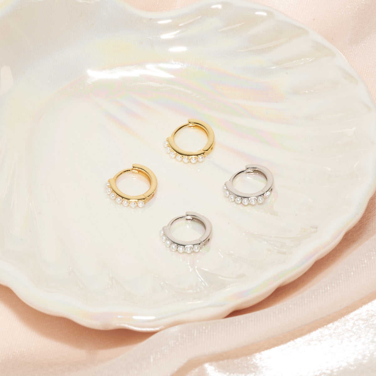 Pearl Huggie Hoops in Gold