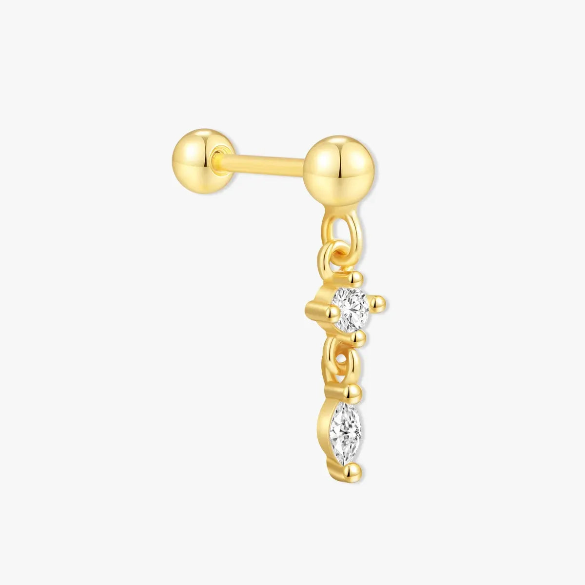 Gold earring with a small diamond on a white background