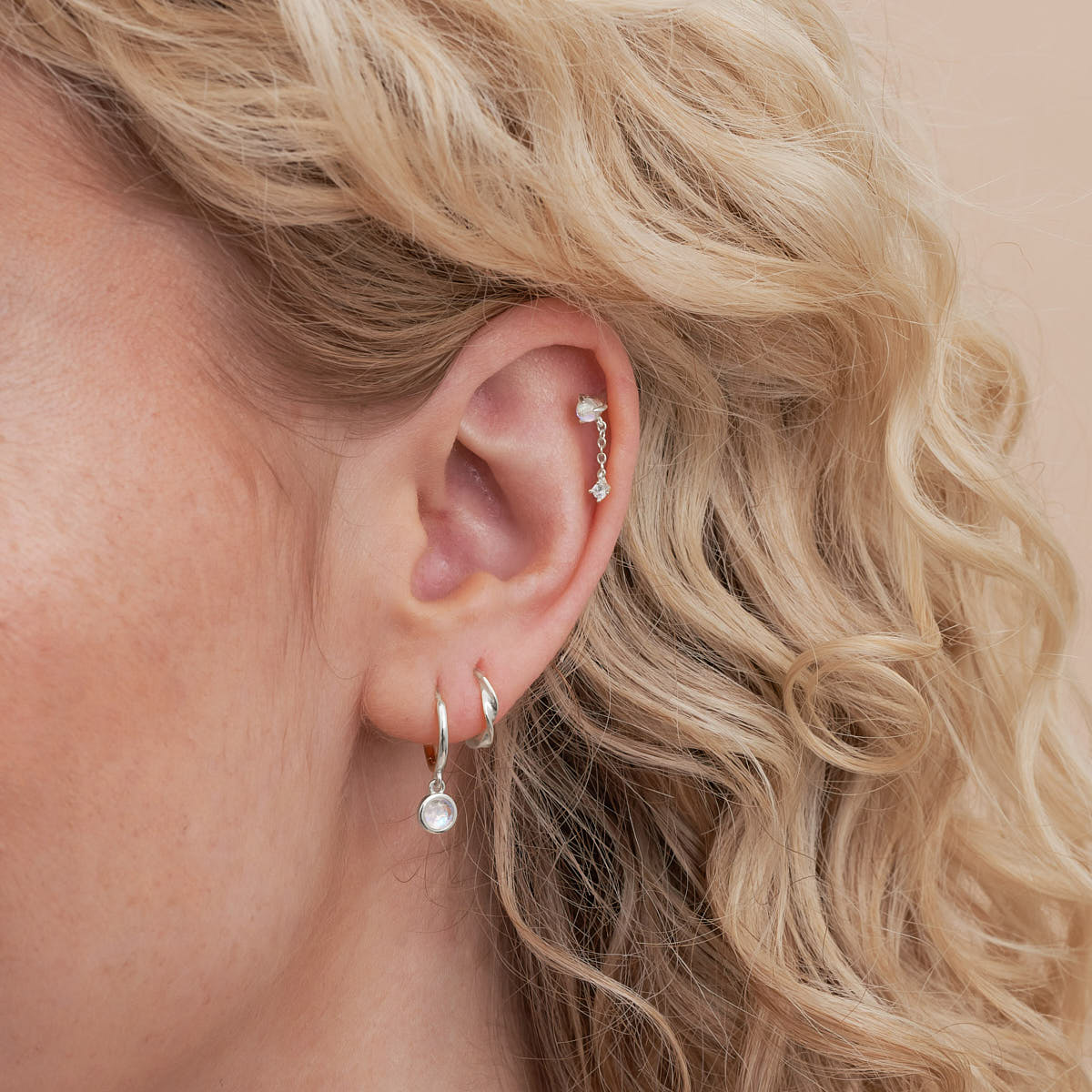 Moonstone Dangle Hoops in Silver
