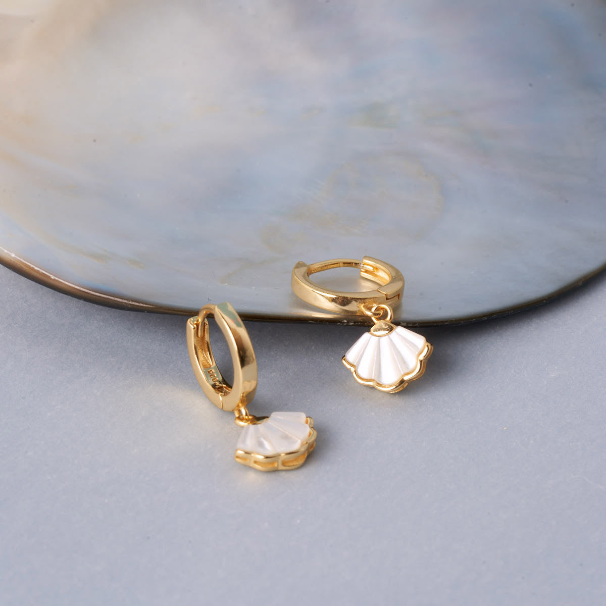 Mother of Pearl Shell Dangle Hoops in Gold | LÉA Jewels