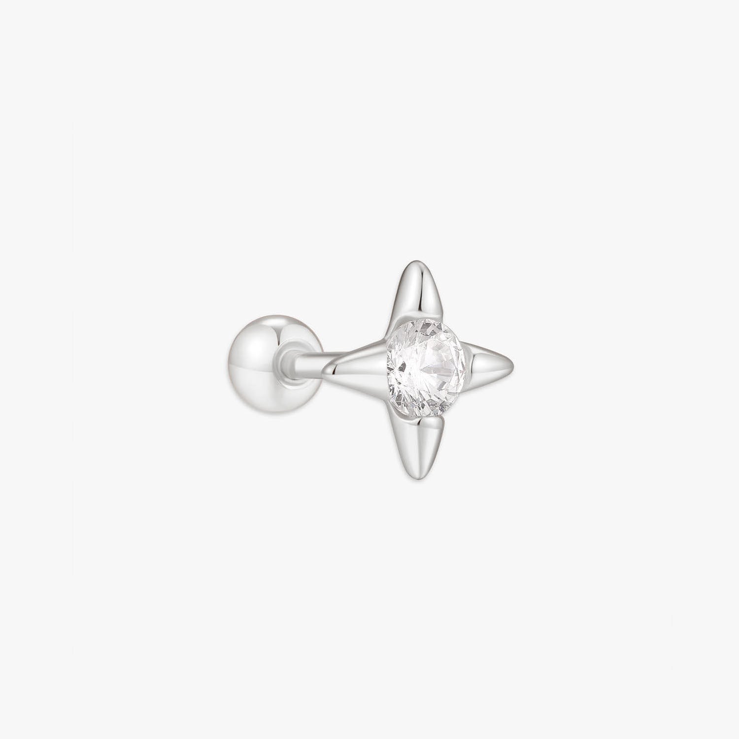 Silver earring with a star-shaped design on a white background