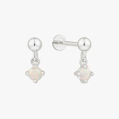 Pair of silver earrings with opal stones on a white background