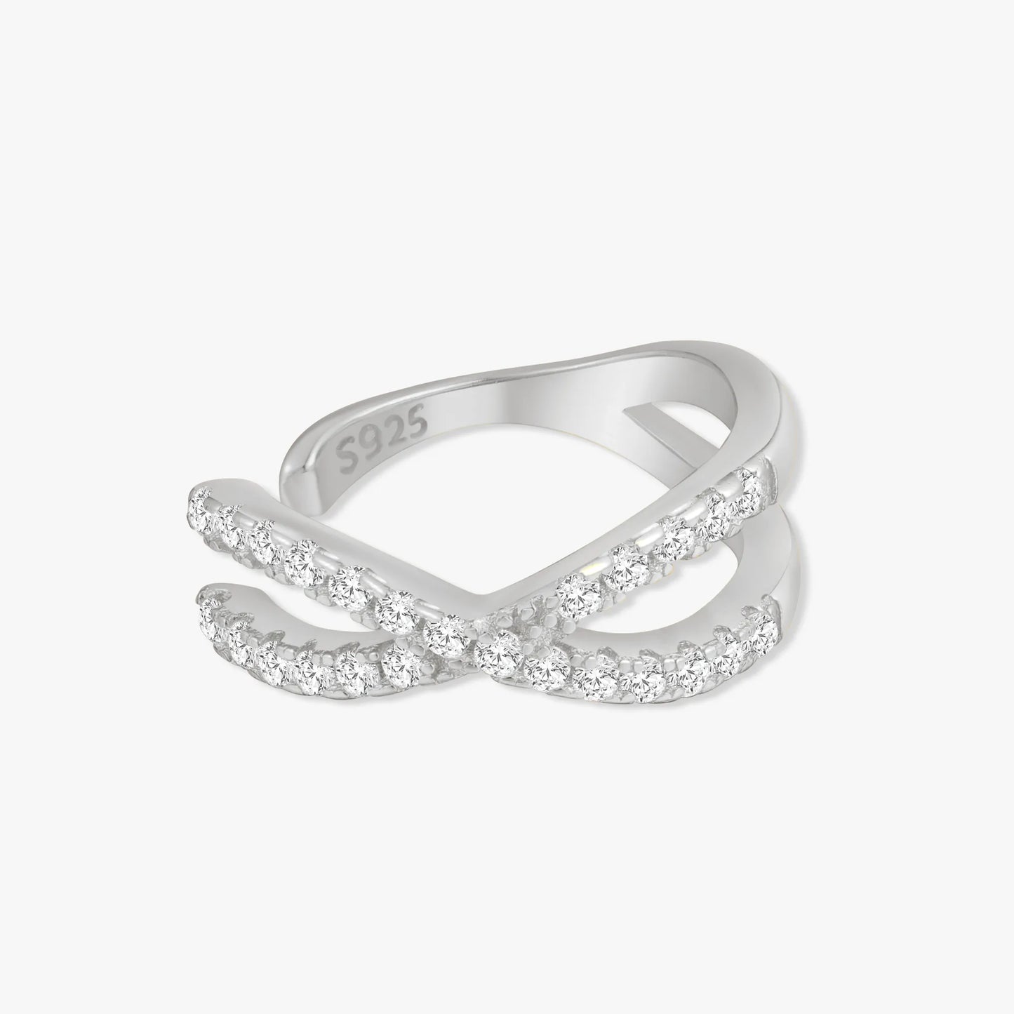 Silver ring with small diamonds on a white background