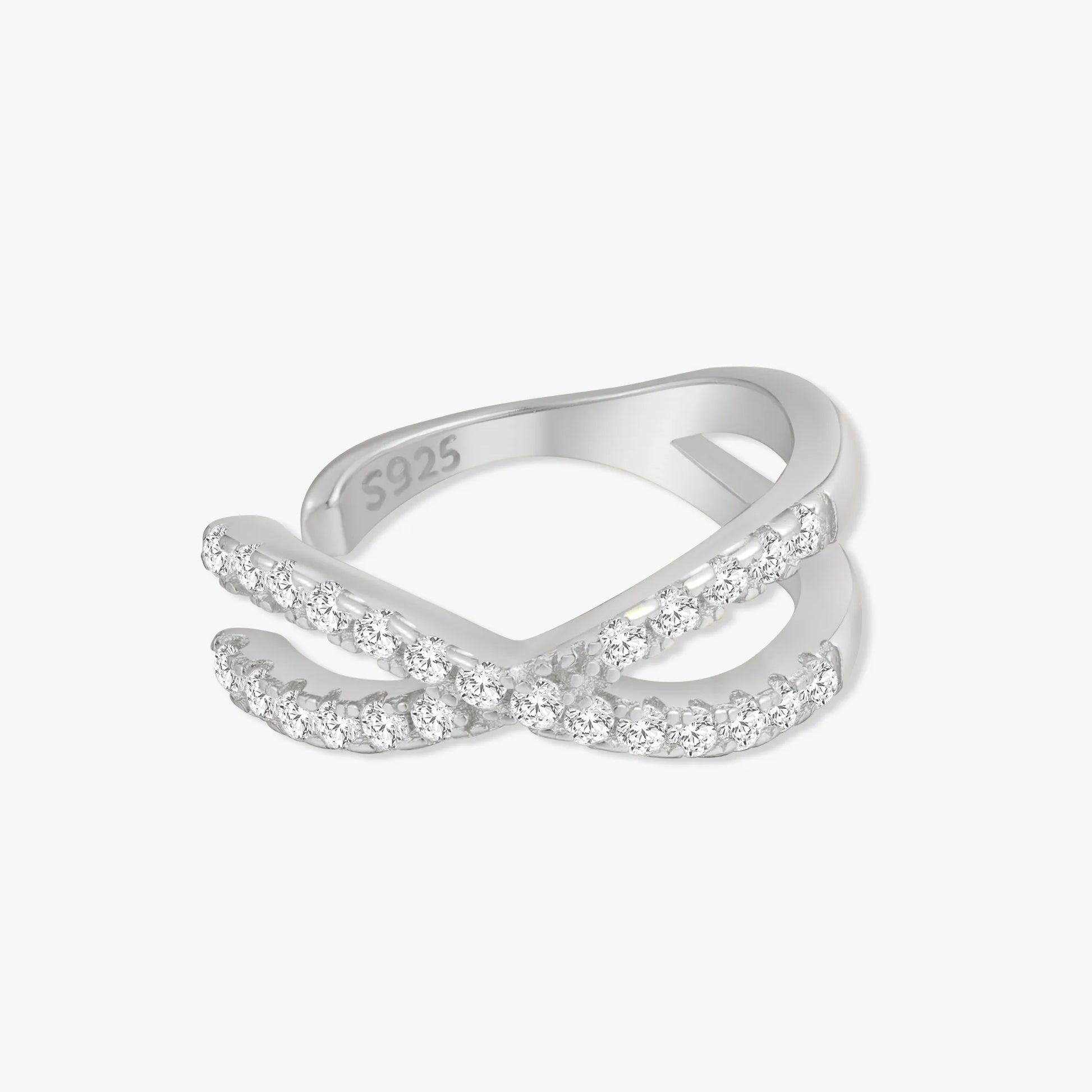 Silver ring with small diamonds on a white background