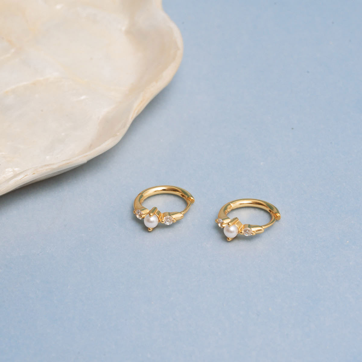 Pearl Crystal Huggie Hoops in Gold