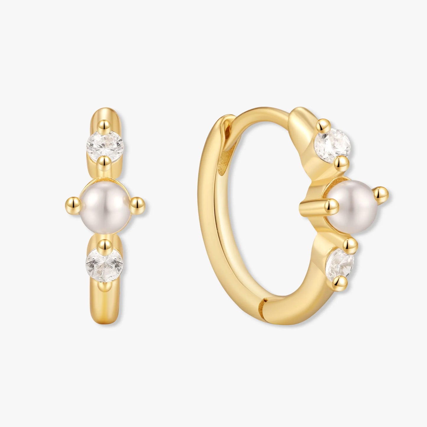 Pearl Crystal Huggie Hoops in Gold