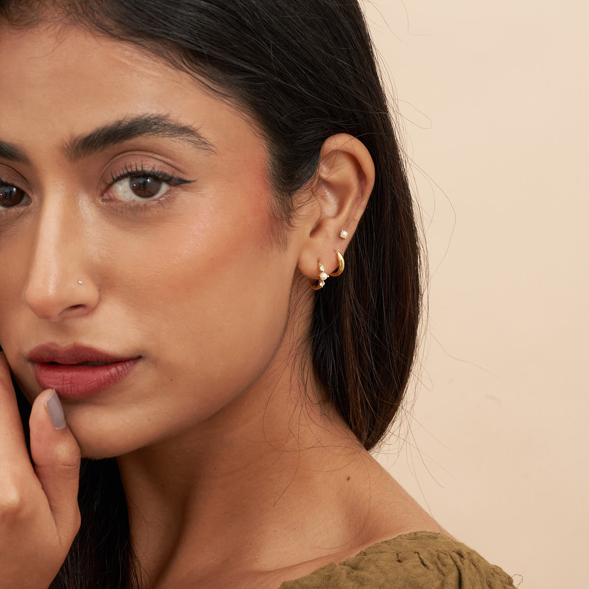 Pearl Crystal Huggie Hoops in Gold