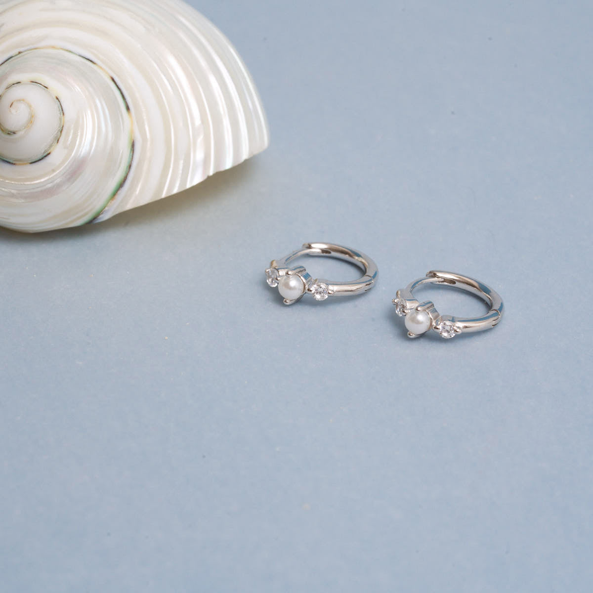 Pearl Crystal Huggie Hoops in Silver