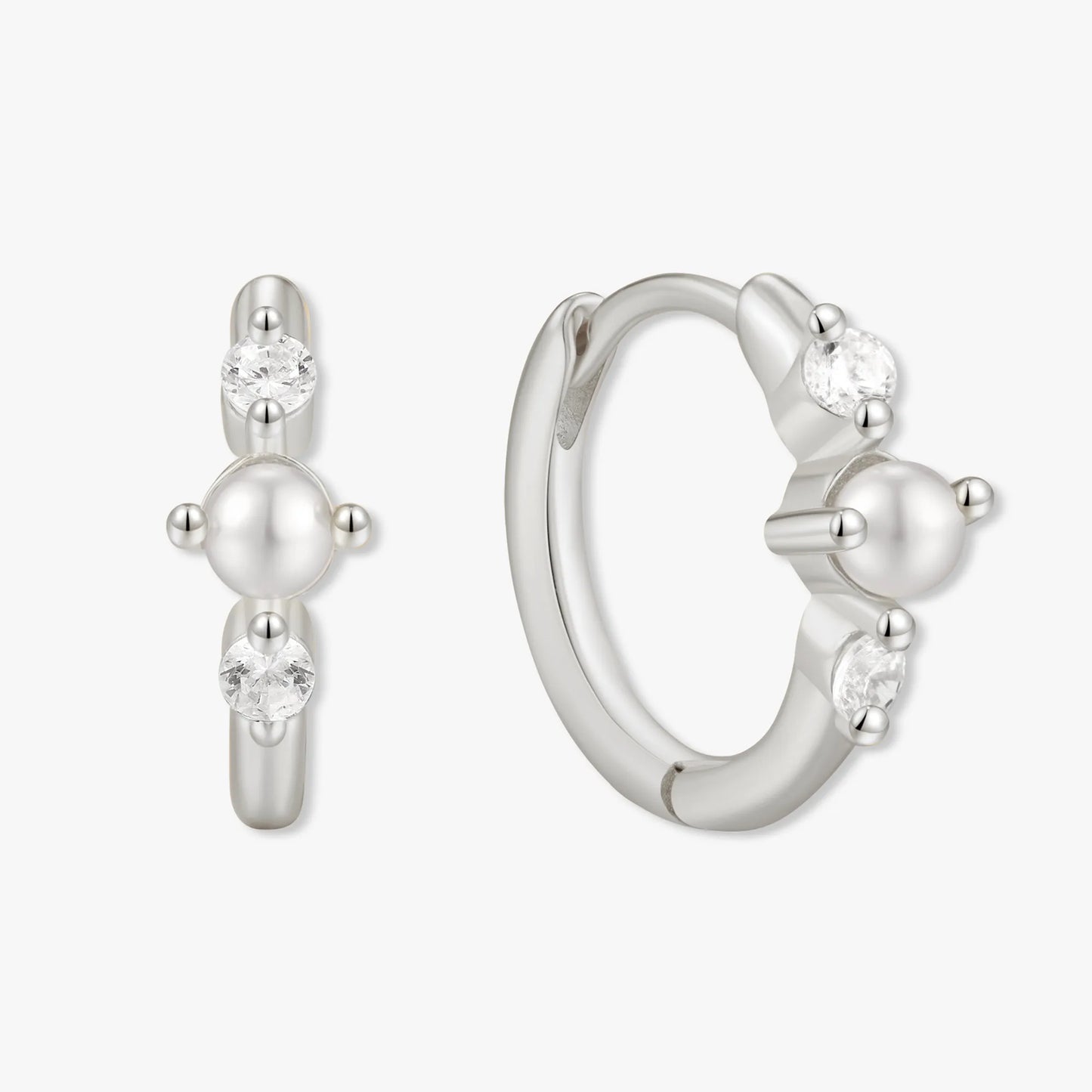 Pearl Crystal Huggie Hoops in Silver