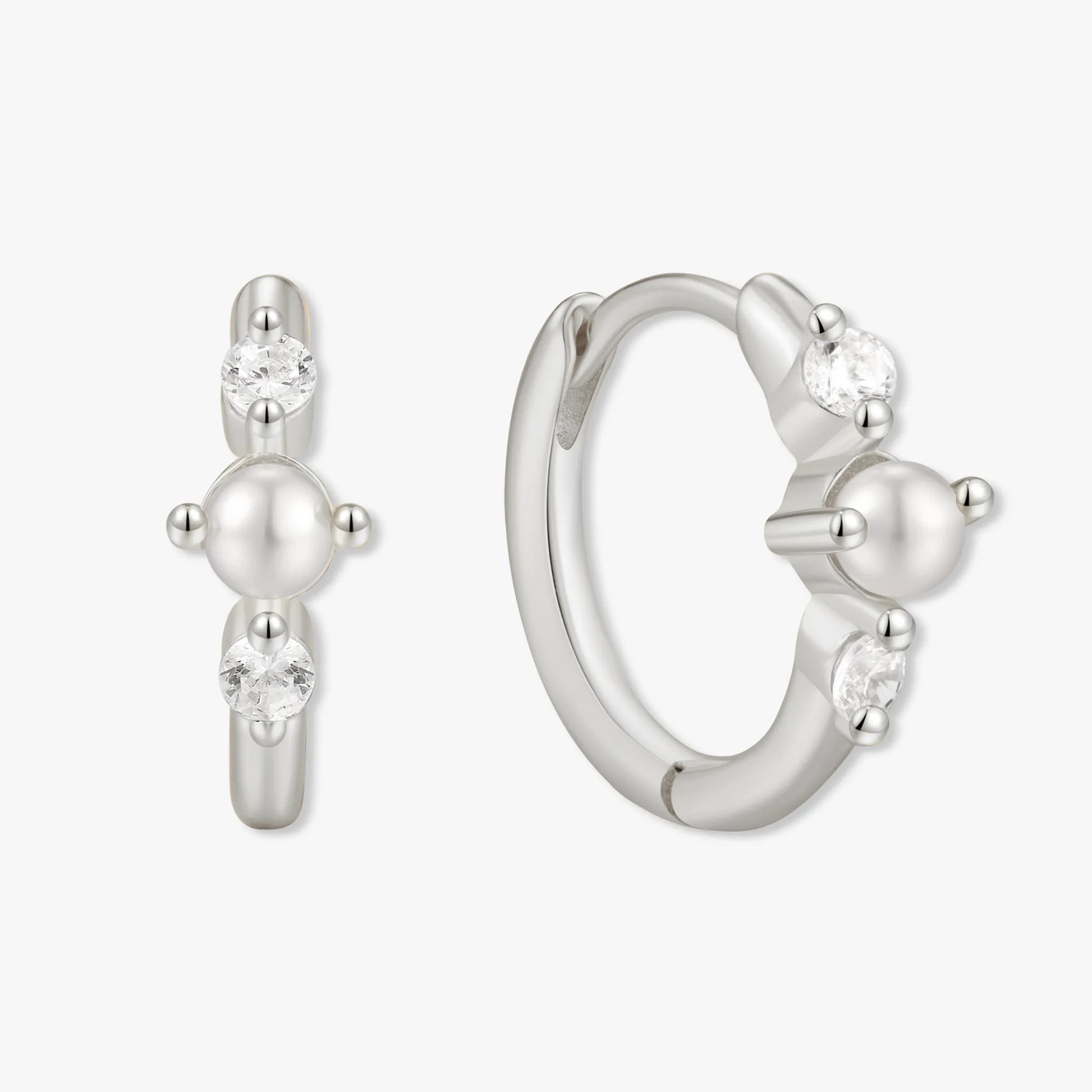 Pearl Crystal Huggie Hoops in Silver