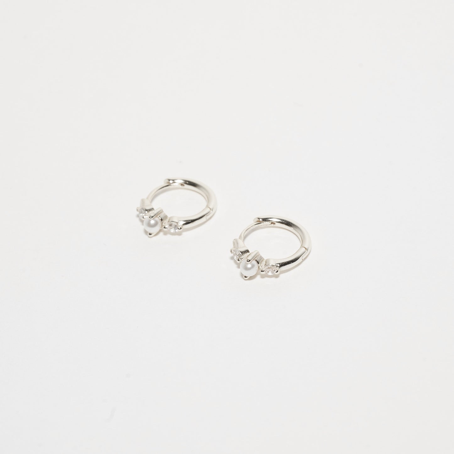 Pearl Crystal Huggie Hoops in Silver
