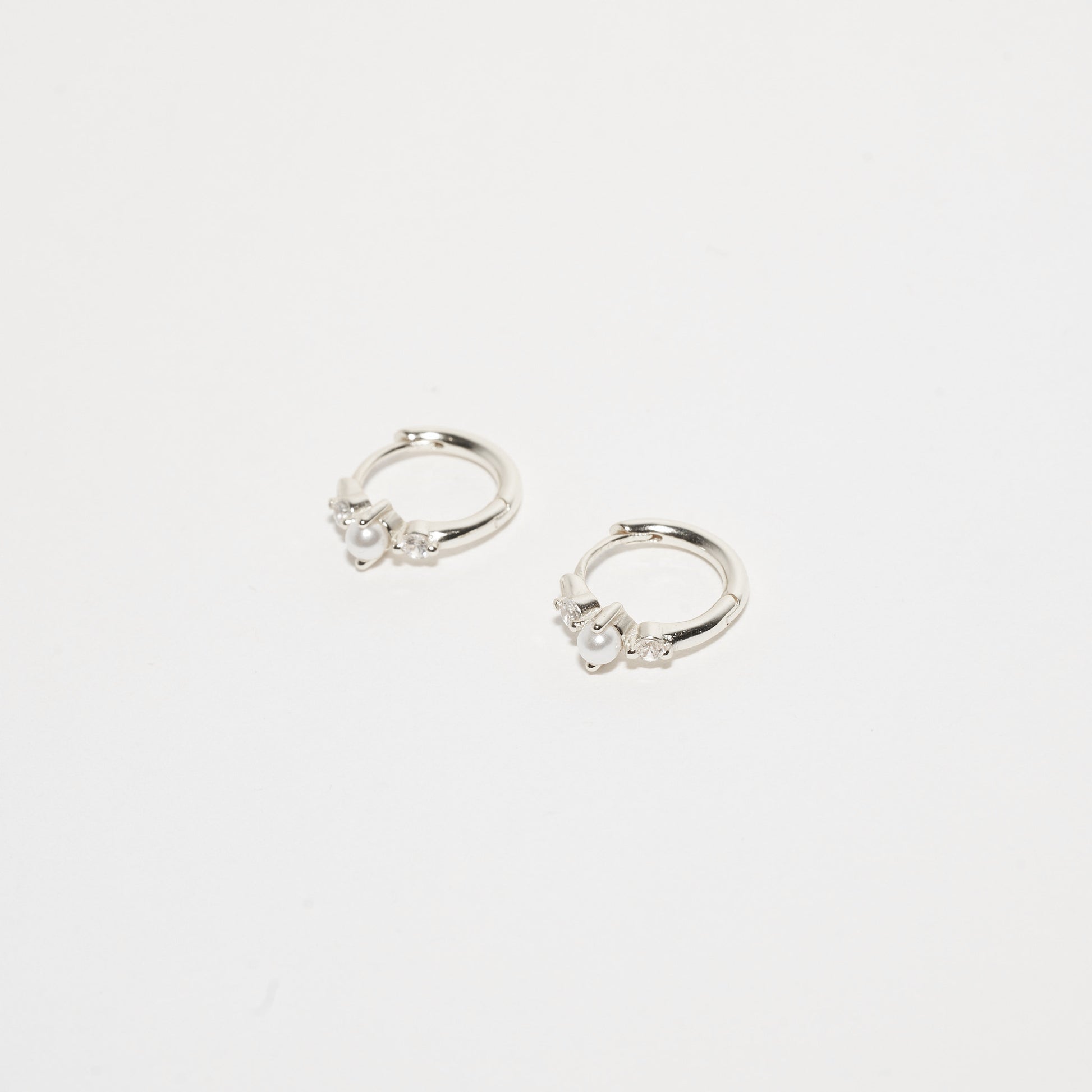 Pearl Crystal Huggie Hoops in Silver