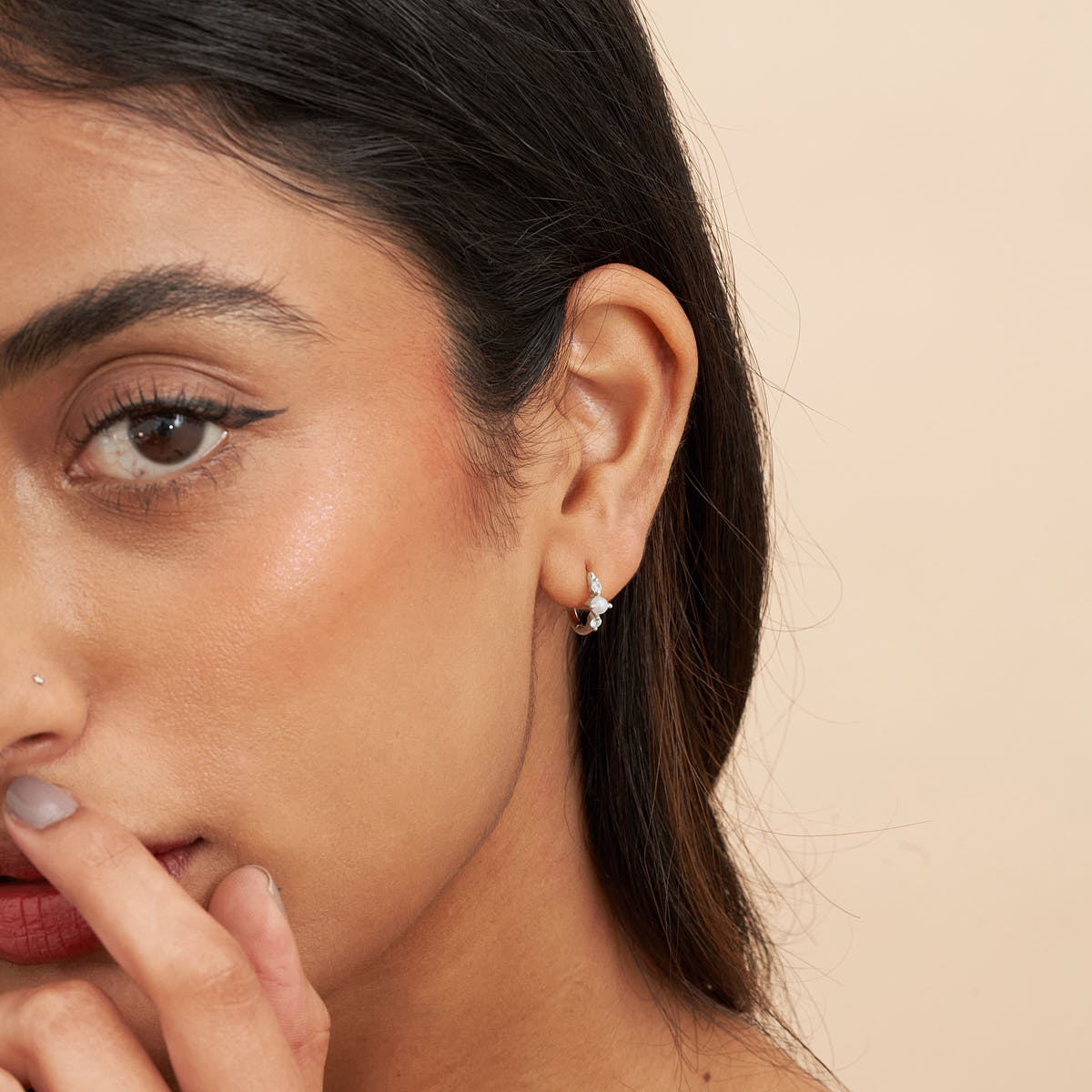 Pearl Crystal Huggie Hoops in Silver