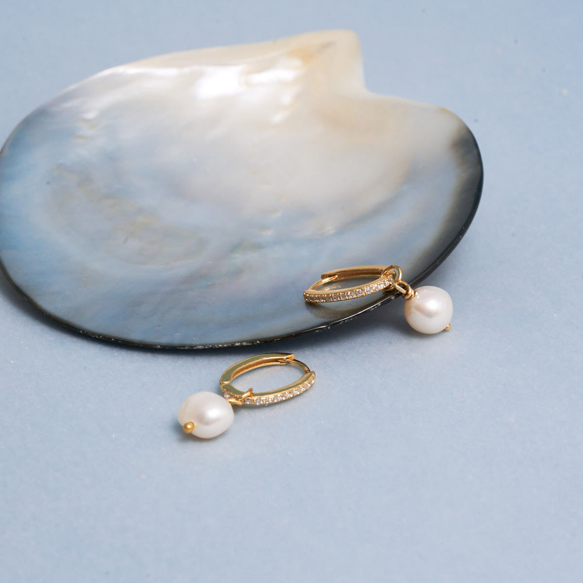 Pearl Dangle Crystal Hoops in Gold