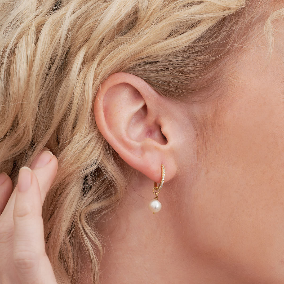 Pearl Dangle Crystal Hoops in Gold