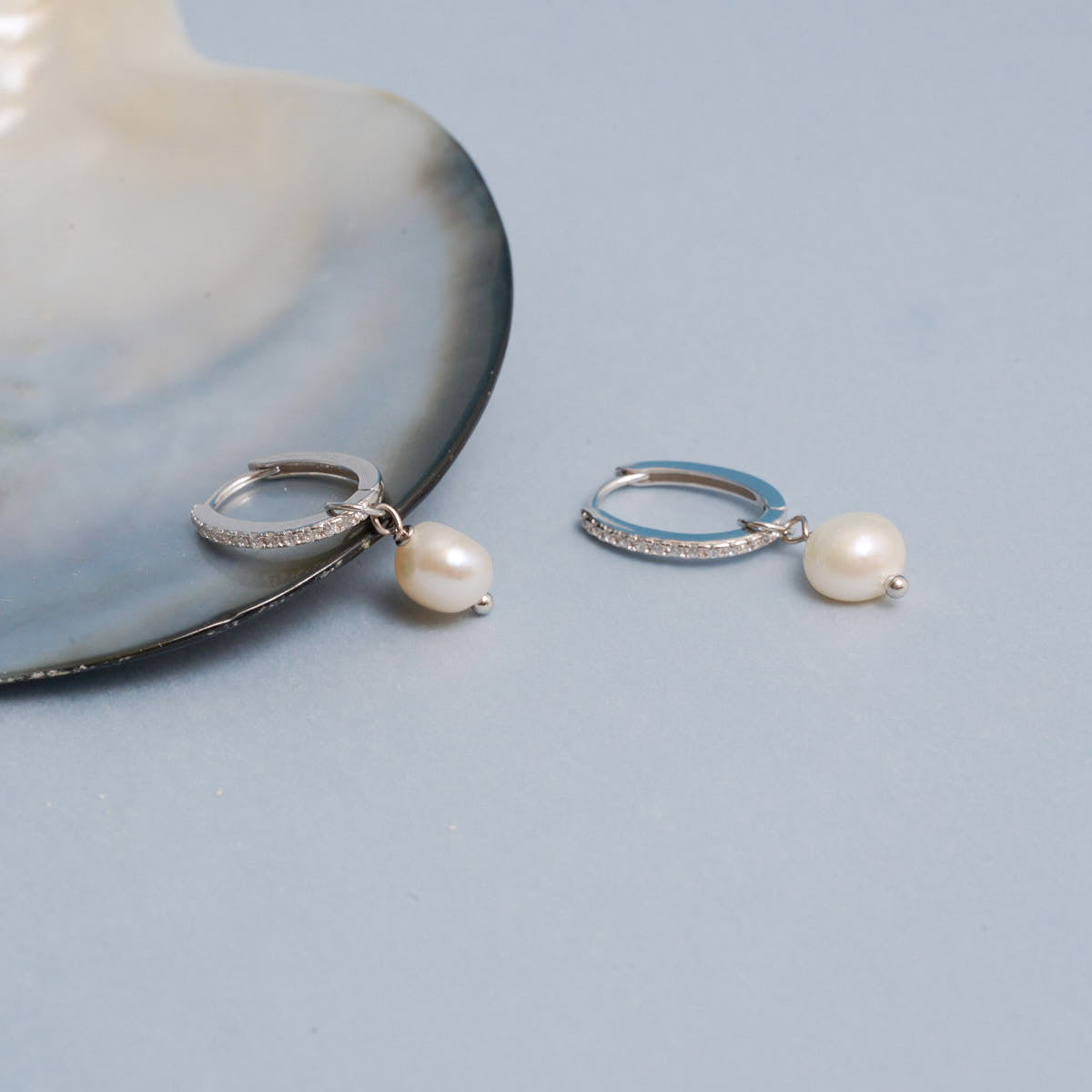 Pearl Dangle Crystal Hoops in Silver