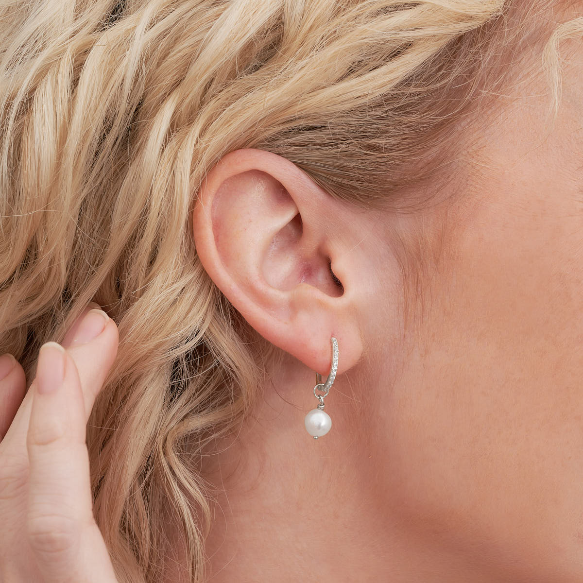 Pearl Dangle Crystal Hoops in Silver