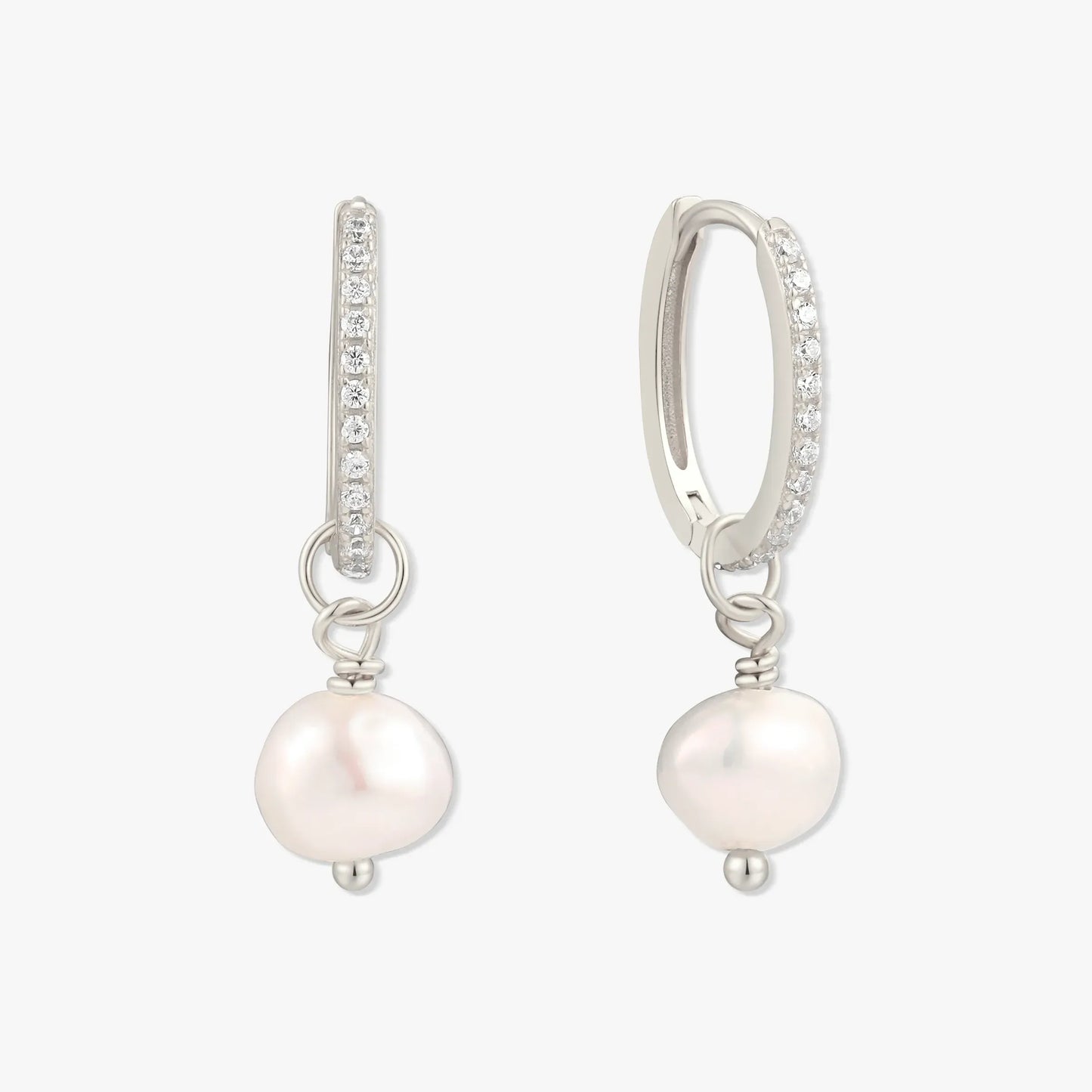 Pearl Dangle Crystal Hoops in Silver