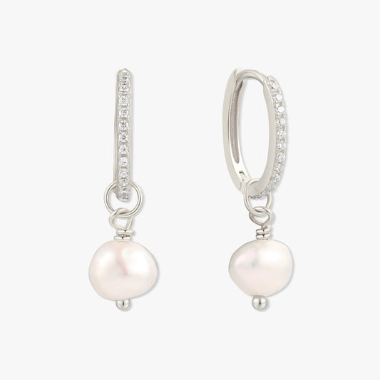 Pearl Dangle Crystal Hoops in Silver