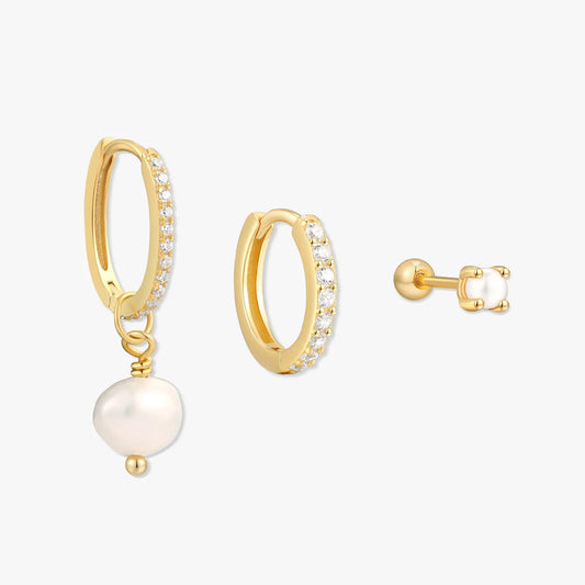 Pearl Dangle Earring Set In Gold