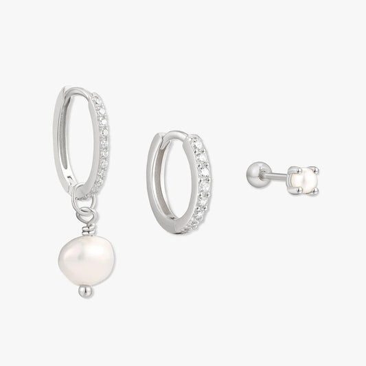 Pearl Dangle Earring Set In Silver