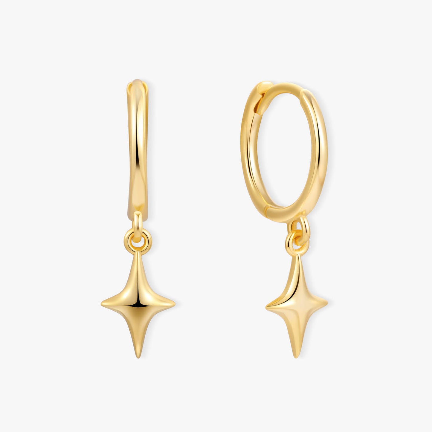 Gold hoop earrings with star-shaped drops on a white background
