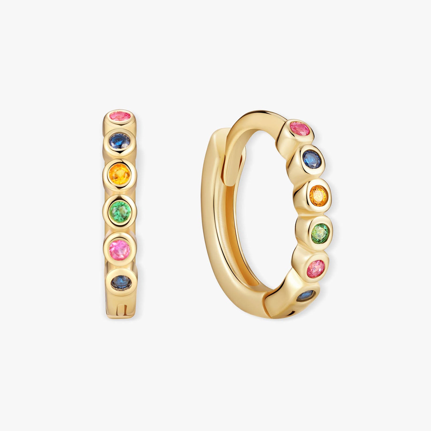 Gold hoop earrings with colorful gemstones on a white background