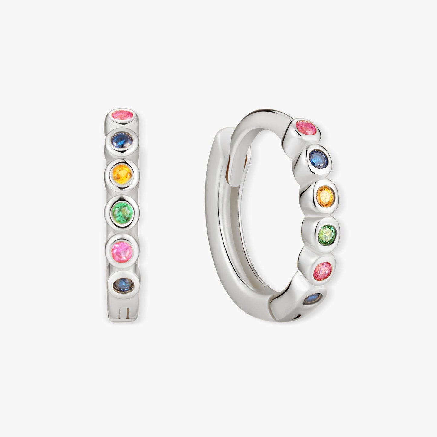 Silver hoop earrings with colorful gemstones on a white background