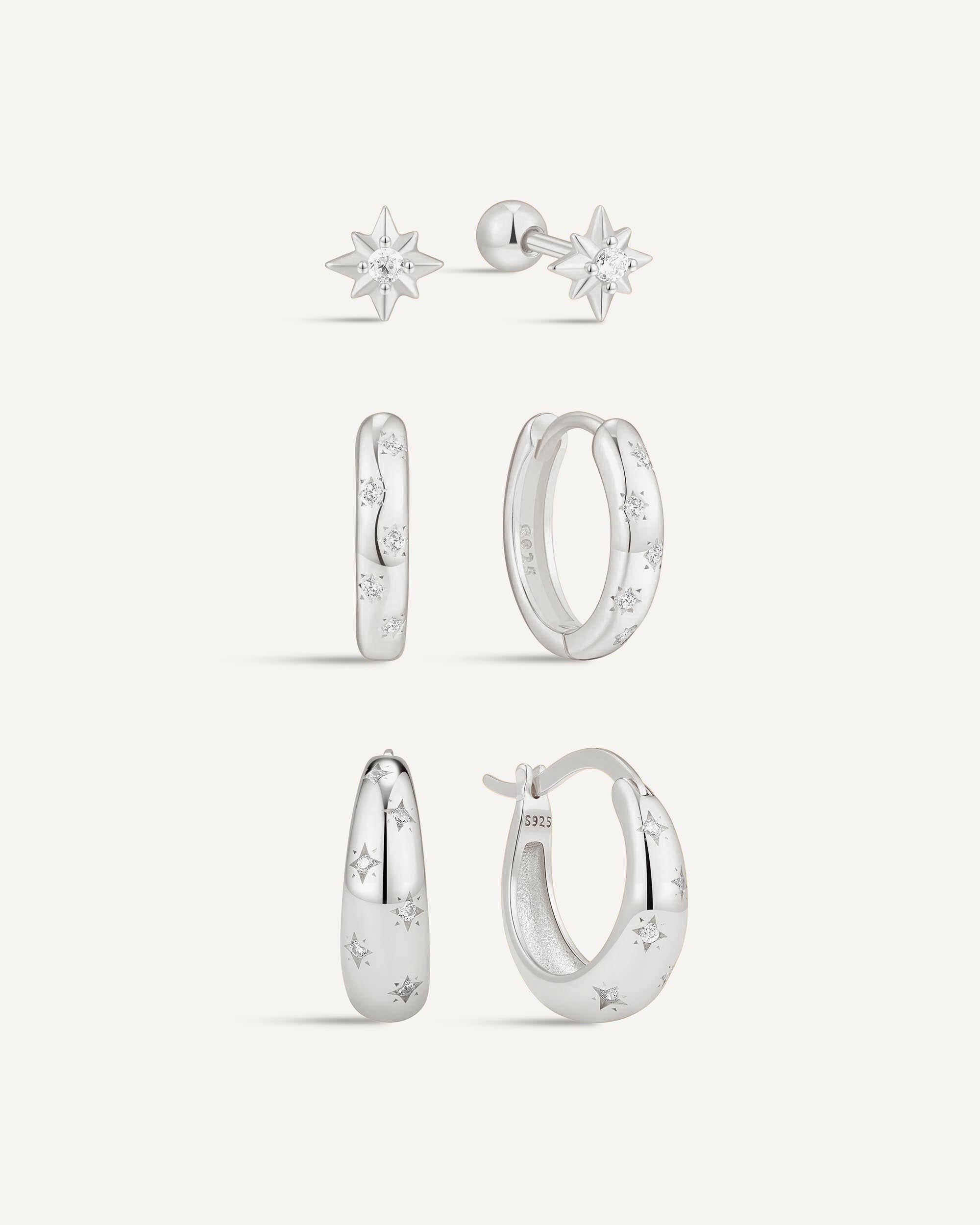 Celestial Huggie Hoops Set in Silver