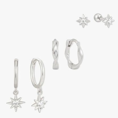 Starburst Dangle Hoops Set in Silver