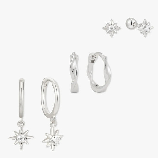 Starburst Dangle Hoops Set in Silver