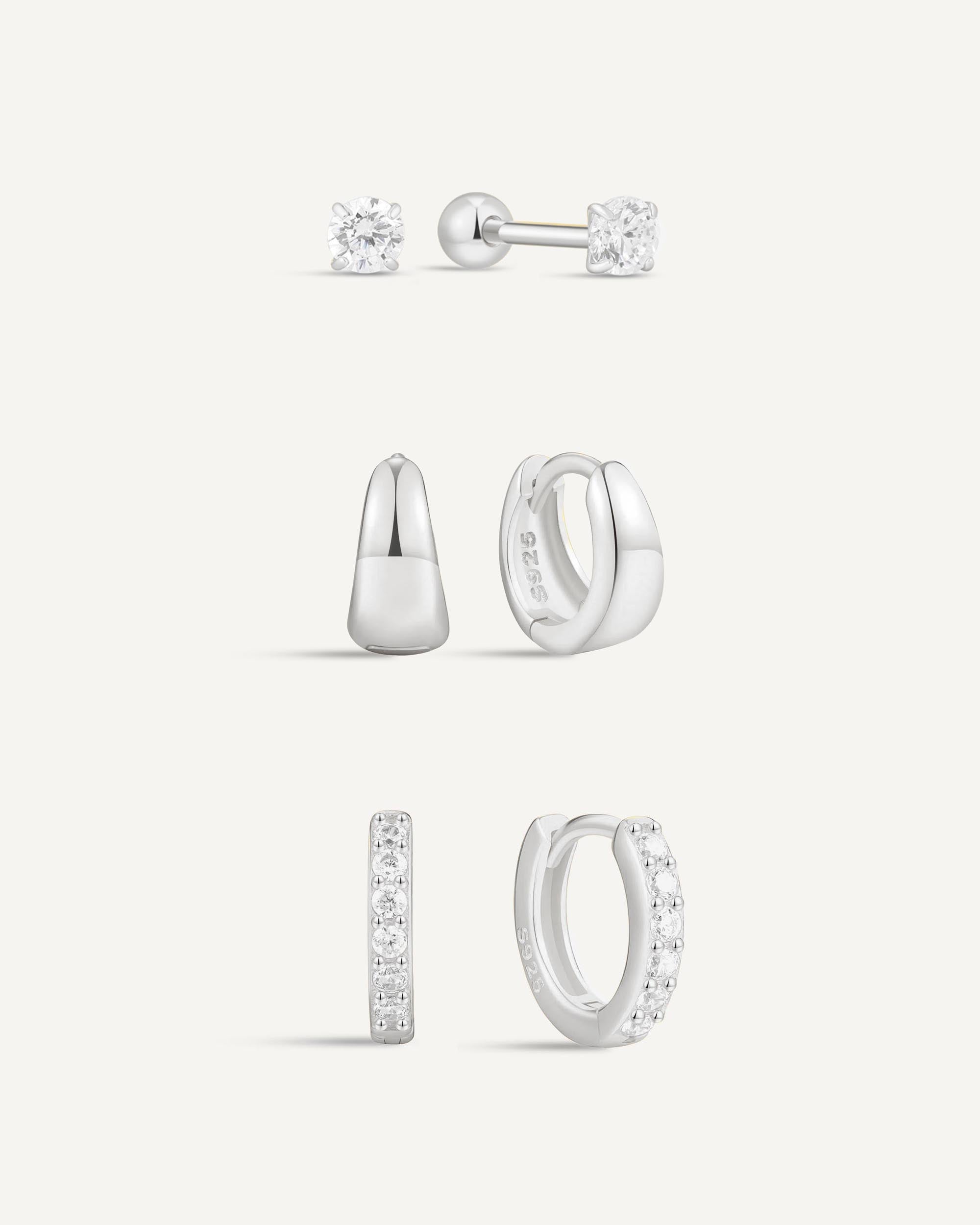 Essential Everyday Sparkle Huggie Set In Silver
