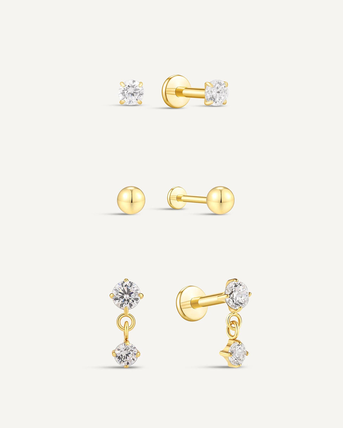 Titanium CZ Stud & Drop Earring Set In Gold