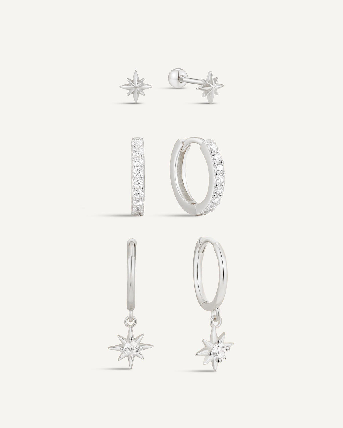 Celestial North Star Drop Earring Set in Silver